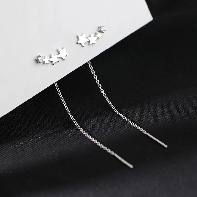 Minimalist Silver Star Tassel Chain Earrings