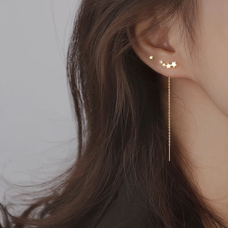 Minimalist Silver Star Tassel Chain Earrings