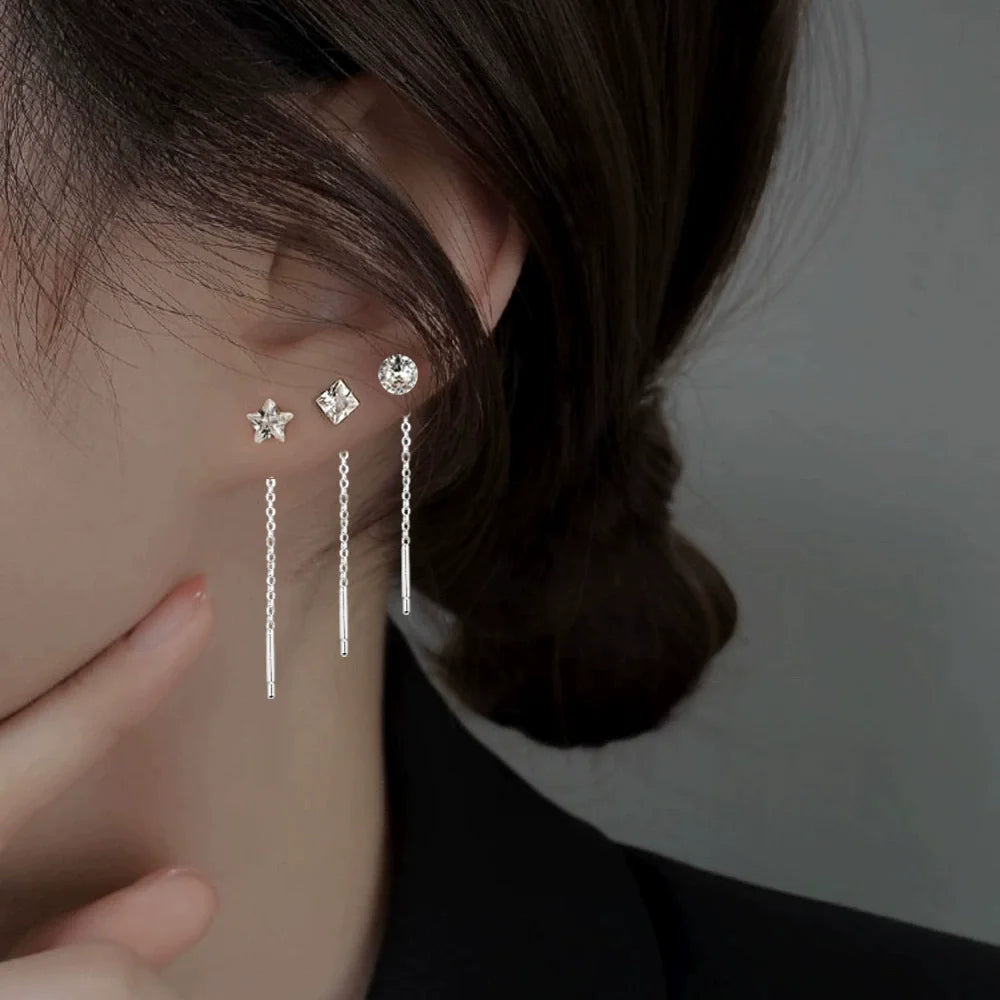 Minimalist Silver Star Tassel Chain Earrings