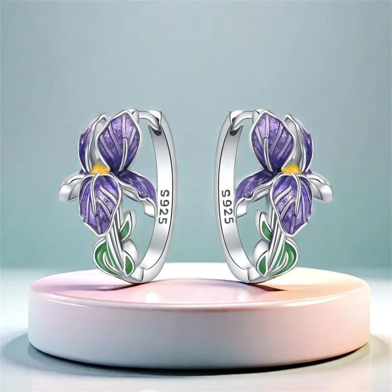 Purple Iris Sterling Silver Drop Earrings
