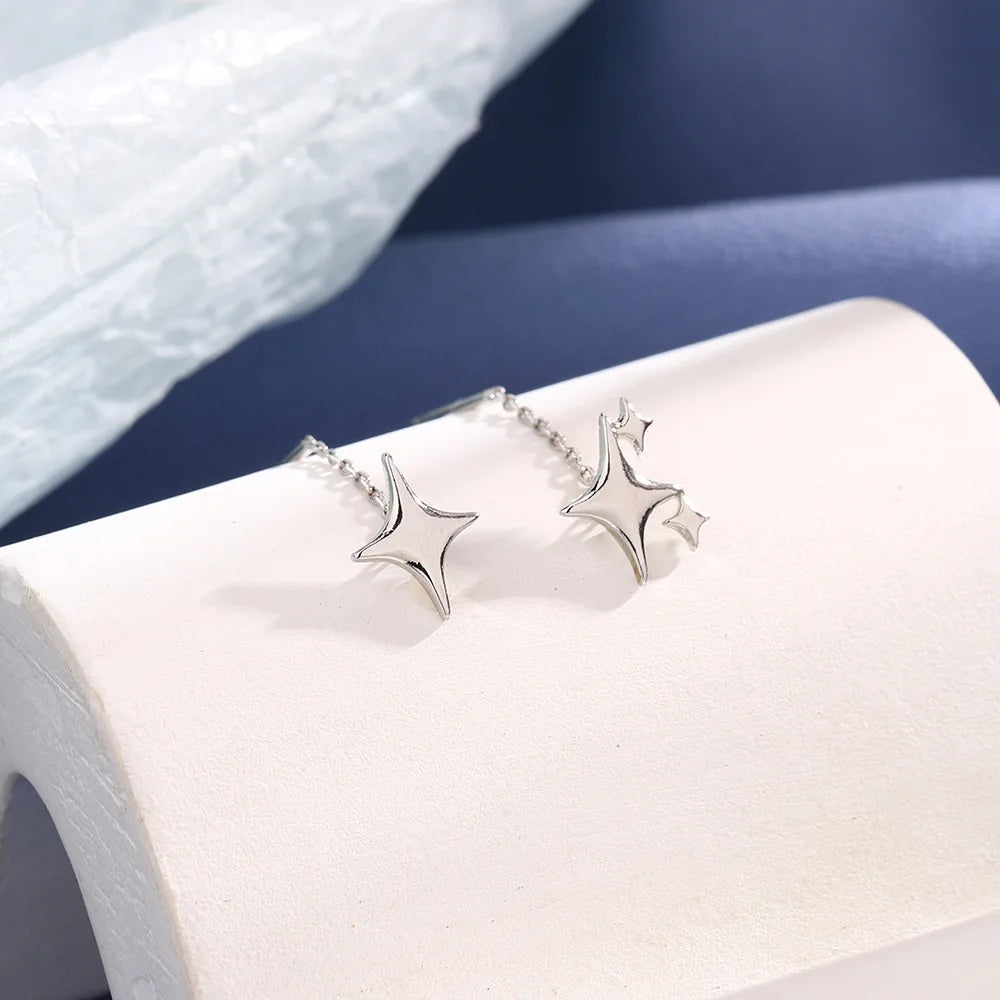 Minimalist Silver Star Tassel Chain Earrings