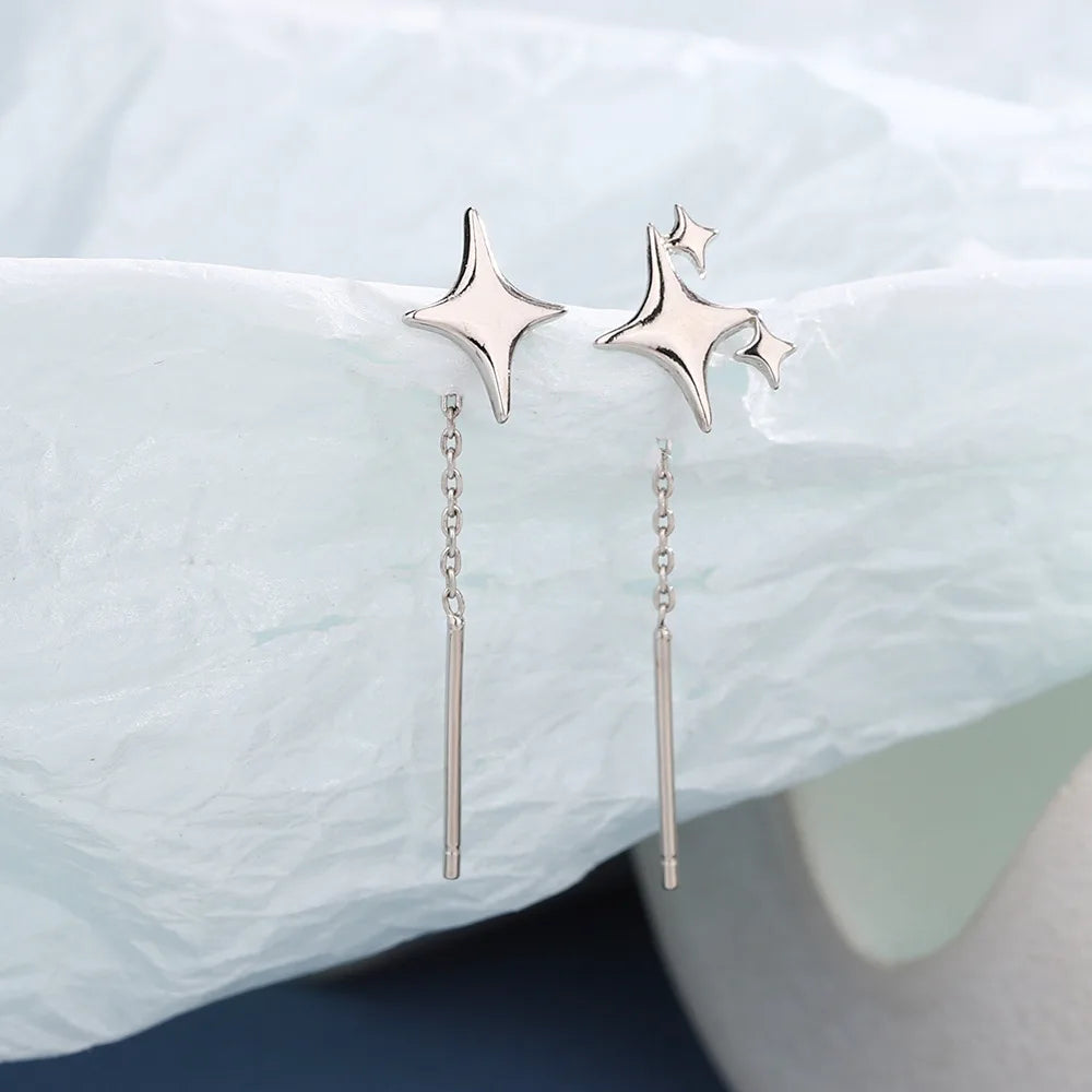Minimalist Silver Star Tassel Chain Earrings
