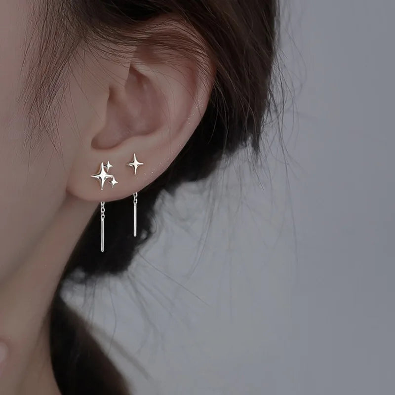 Minimalist Silver Star Tassel Chain Earrings