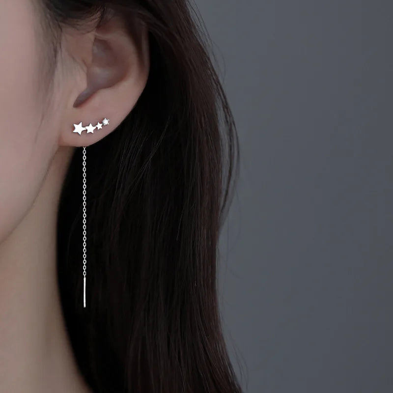 Minimalist Silver Star Tassel Chain Earrings