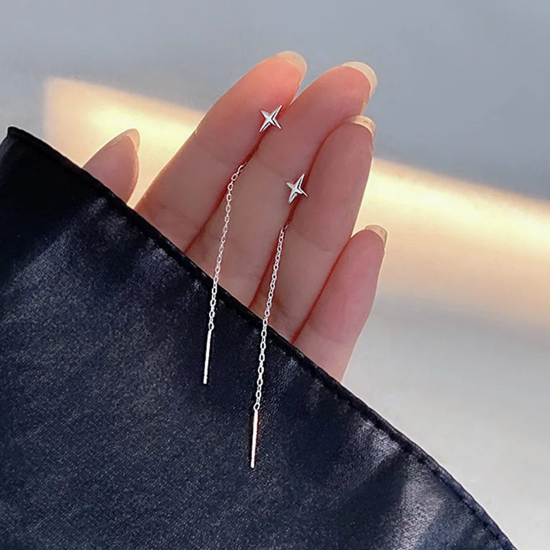 Minimalist Silver Star Tassel Chain Earrings