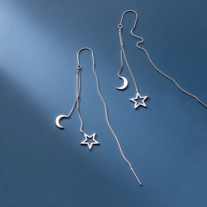Minimalist Silver Star Tassel Chain Earrings