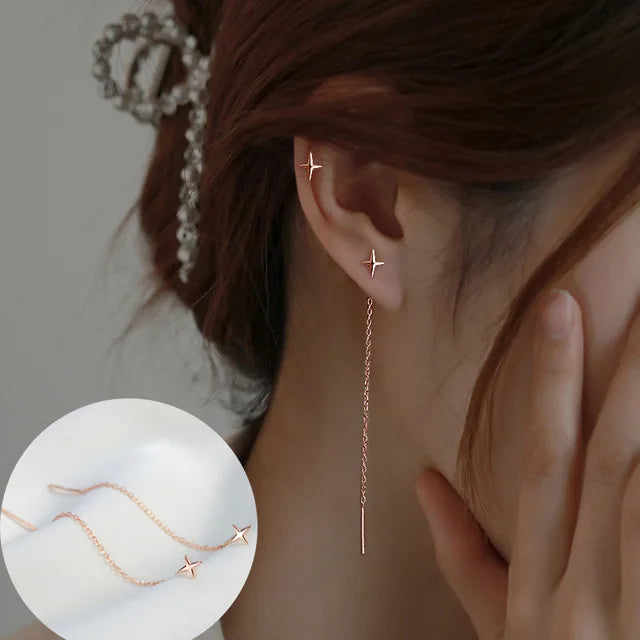 Minimalist Silver Star Tassel Chain Earrings