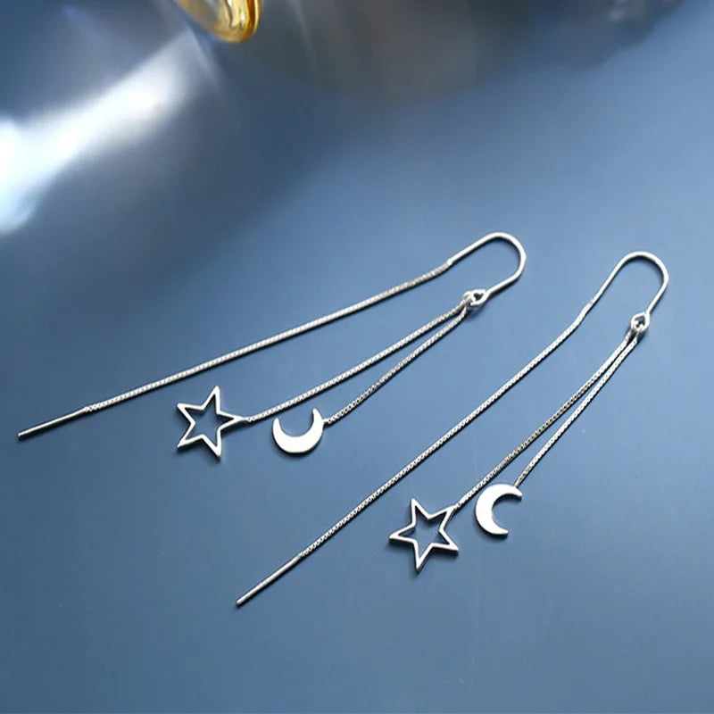 Minimalist Silver Star Tassel Chain Earrings