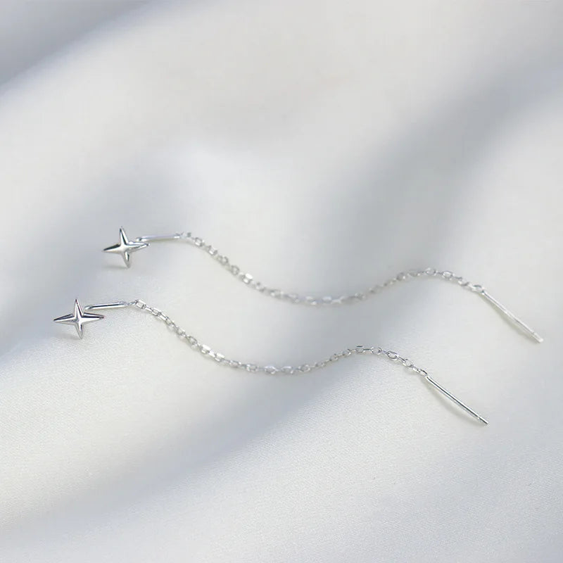 Minimalist Silver Star Tassel Chain Earrings